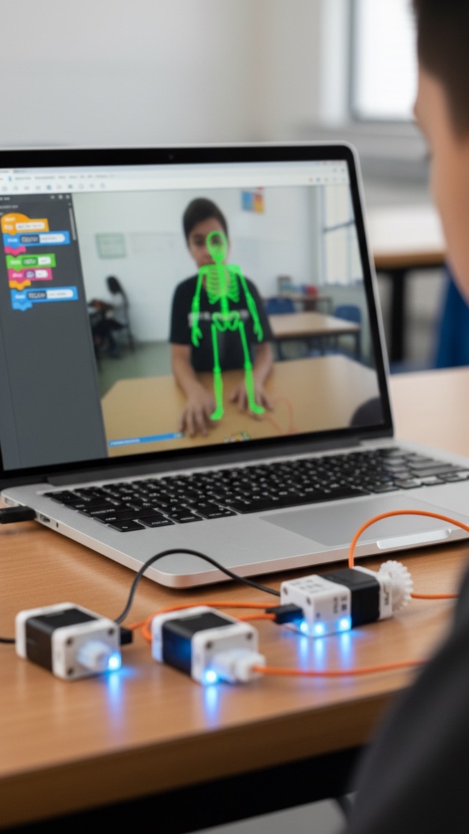 Laptop con attività di intelligenza artificiale e componenti SAM Labs sul banco
